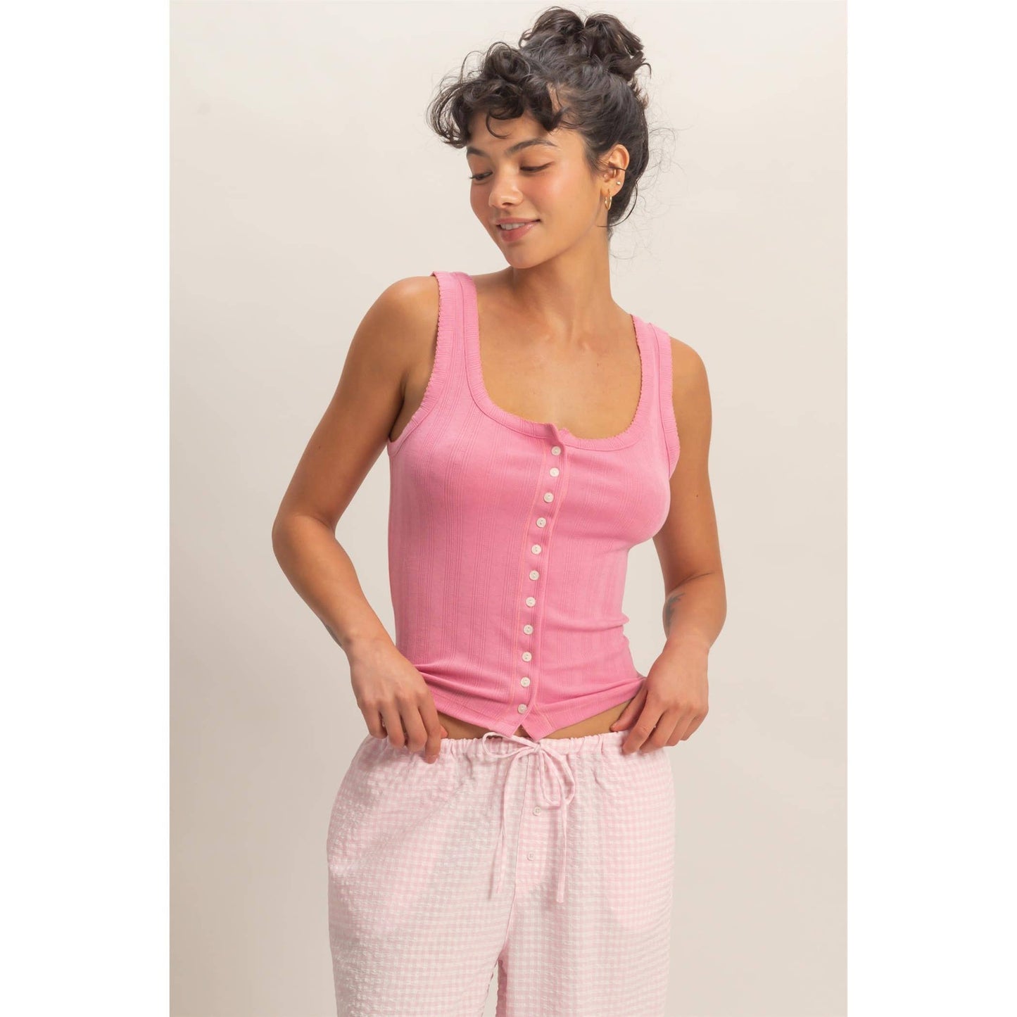 Pointelle Button Front Scoop Neck Tank Top