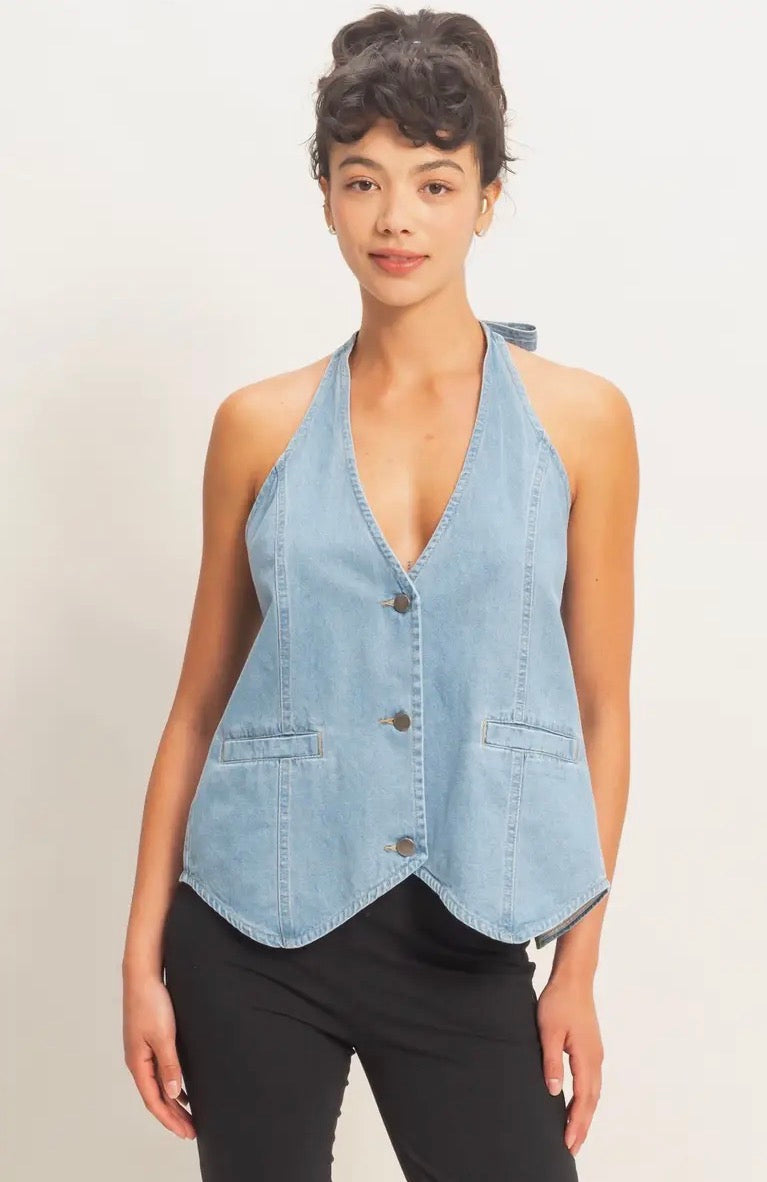 Denim Back Tie Halter Vest