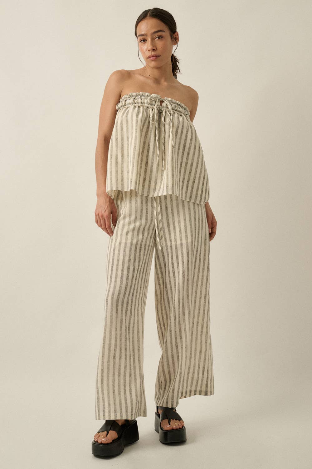 Striped Woven Strapless Drawstring Tunic Top