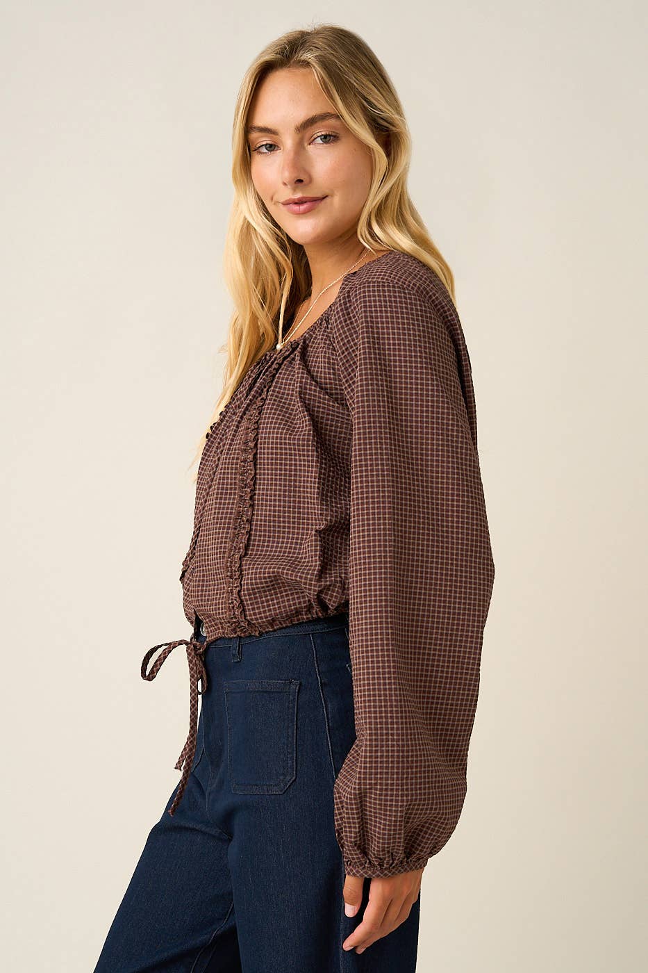 CHECKERED RUFFLE TRIM TIE FRONT TOP