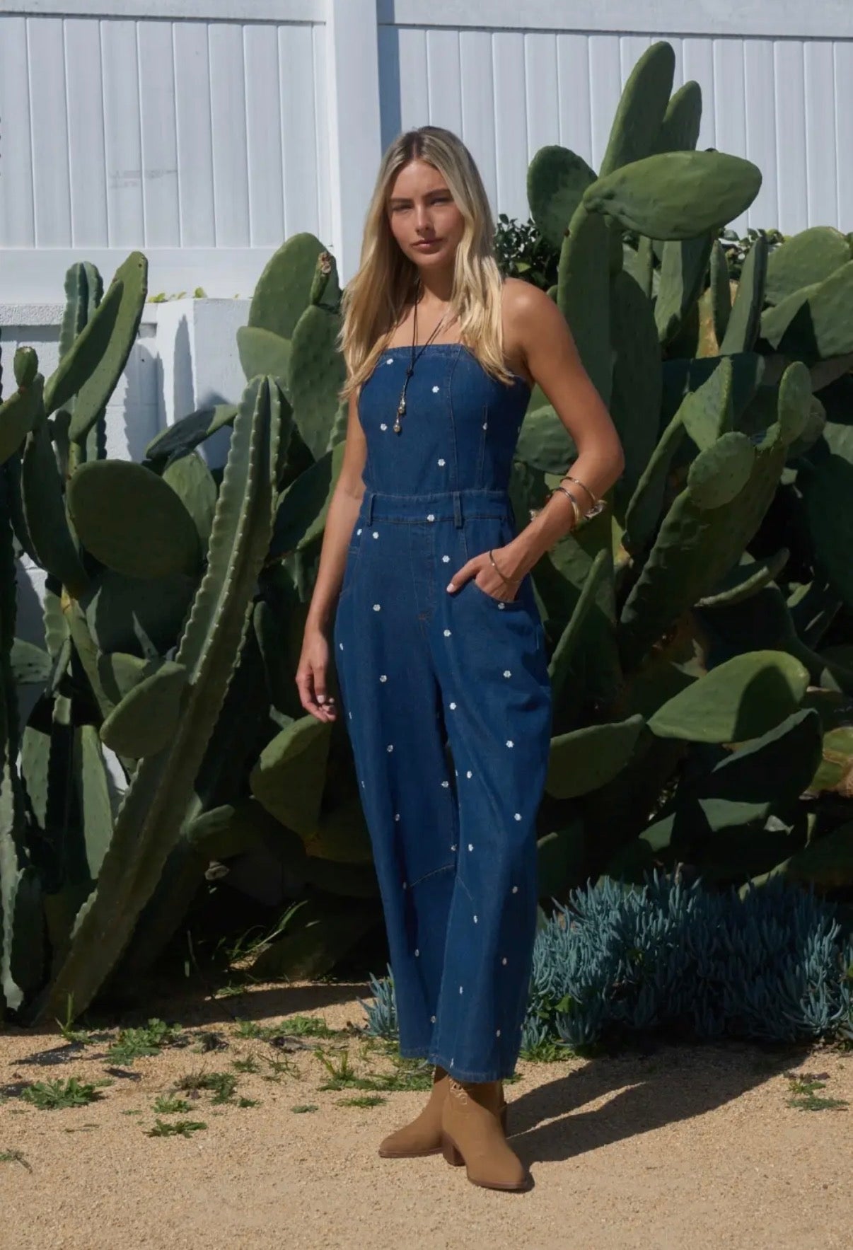 Strapless Embroidered Denim Jumpsuit