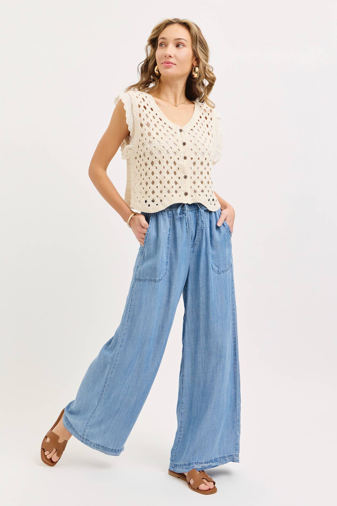 ELASTIC WAIST PULL ON WIDE-LEG  PALAZZO TENCEL CASUAL PANTS