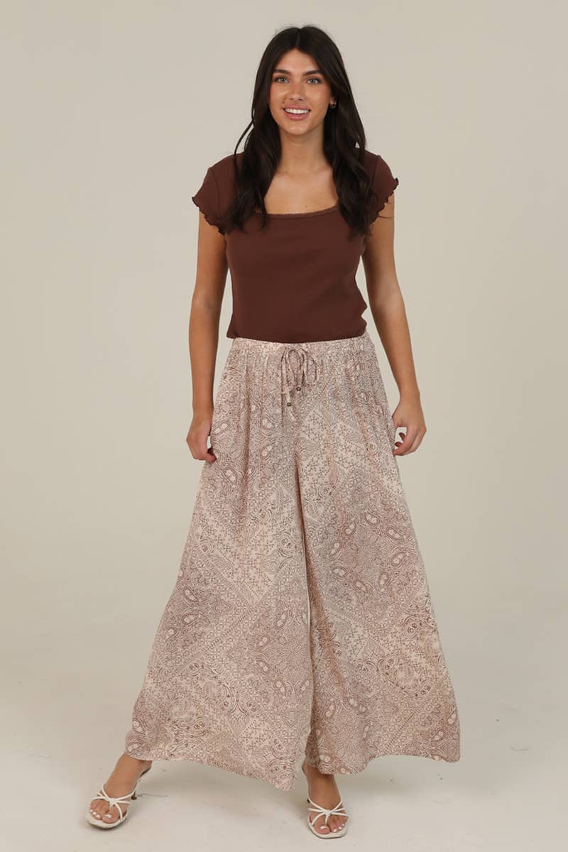 PRINTED WIDE LEG PANTS WITH ELASTIC DRAWSTRING WA