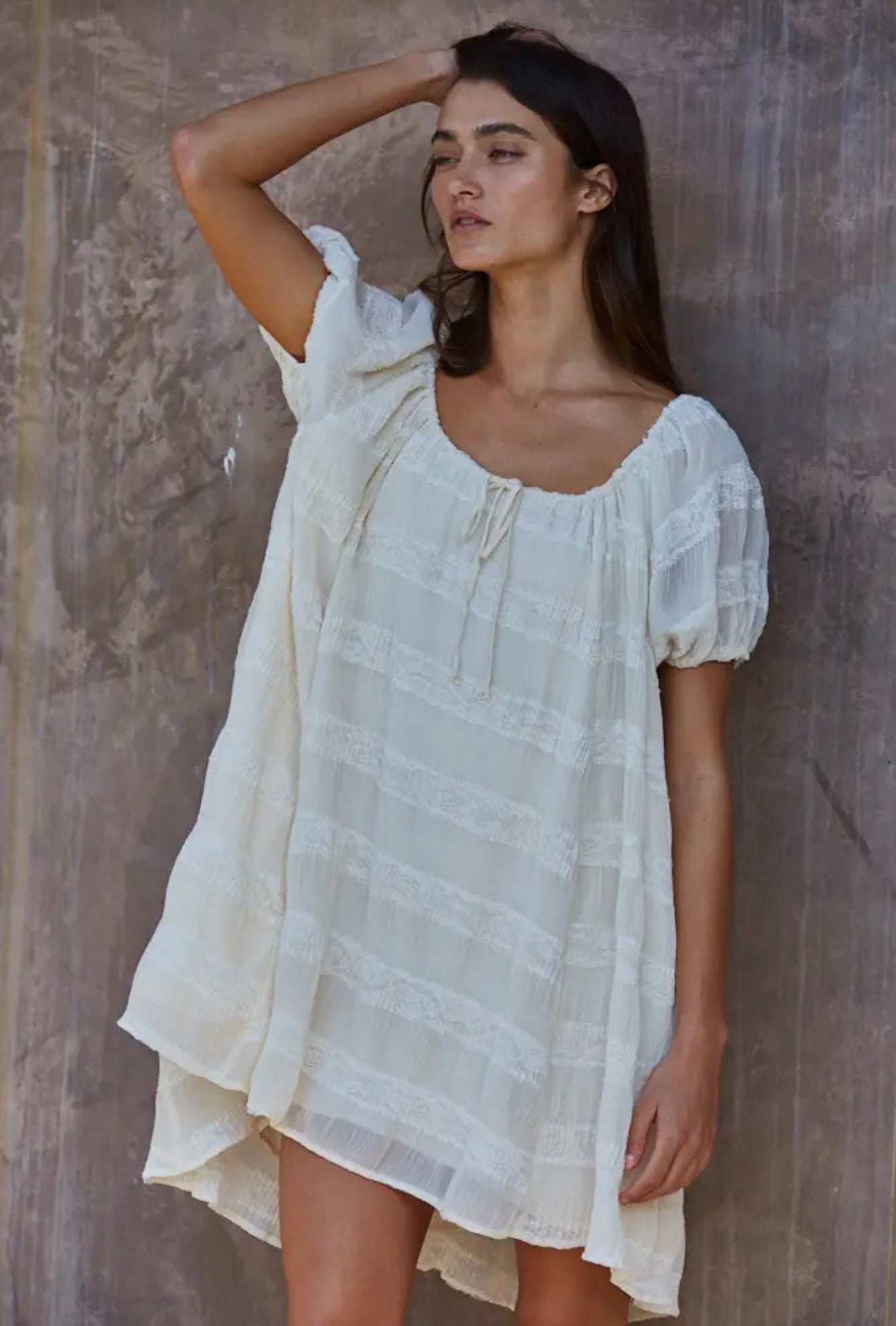 Pleated Lace Stripe Mini Dress