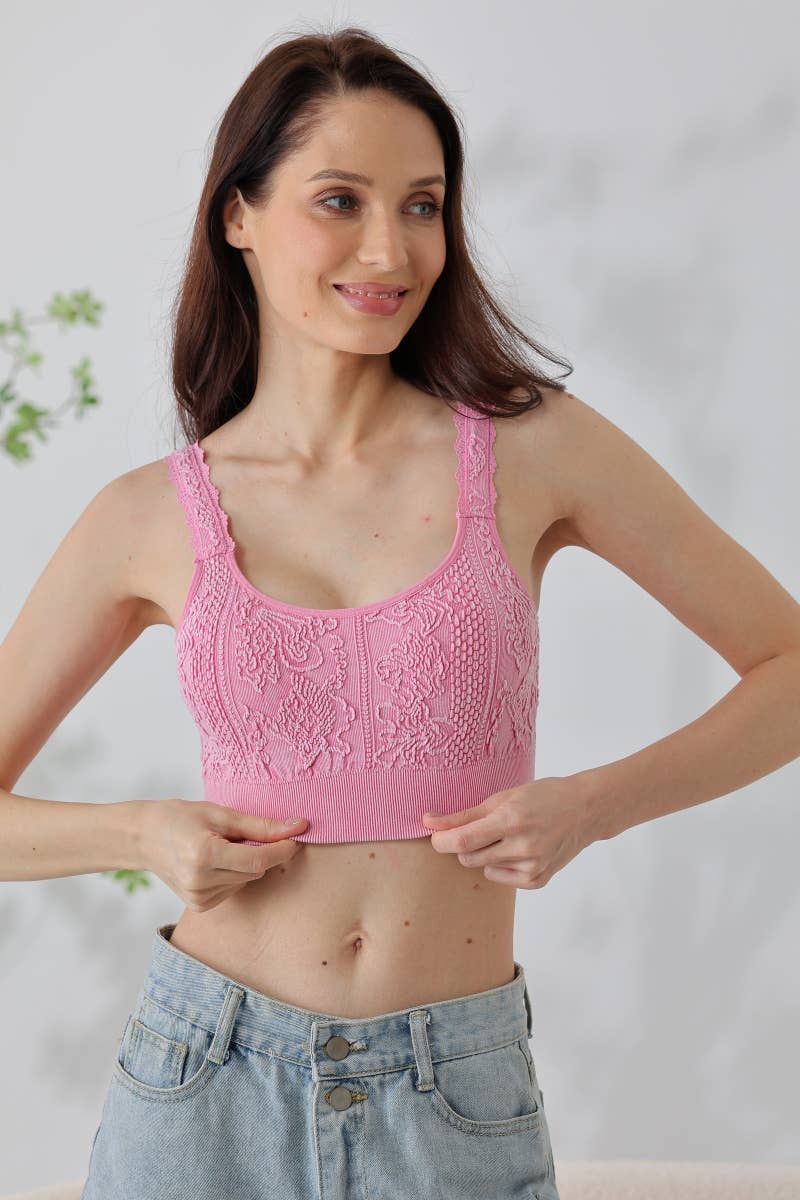 Seamless Washed Jacquard Lace Bralette with Decorative Strap