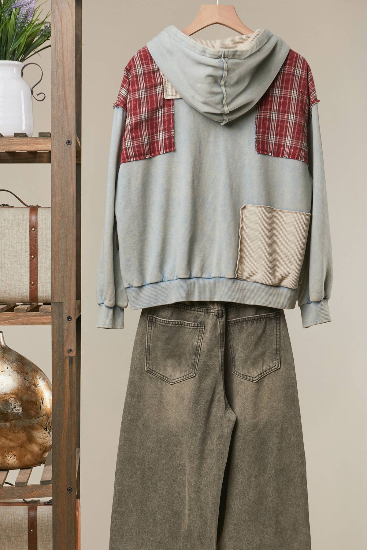 Washed Blue Plaid Patch Hoodie