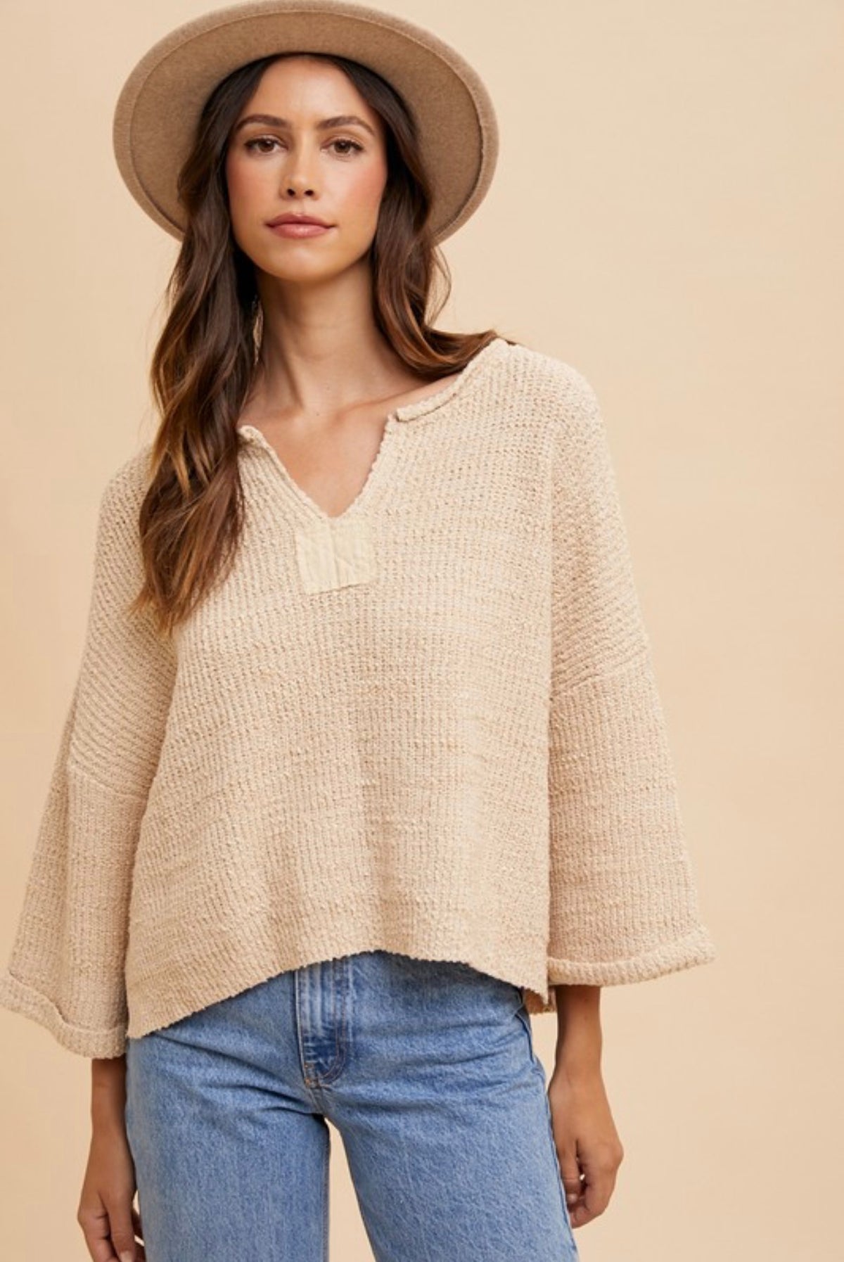 Textured Knit V Neck Sweater