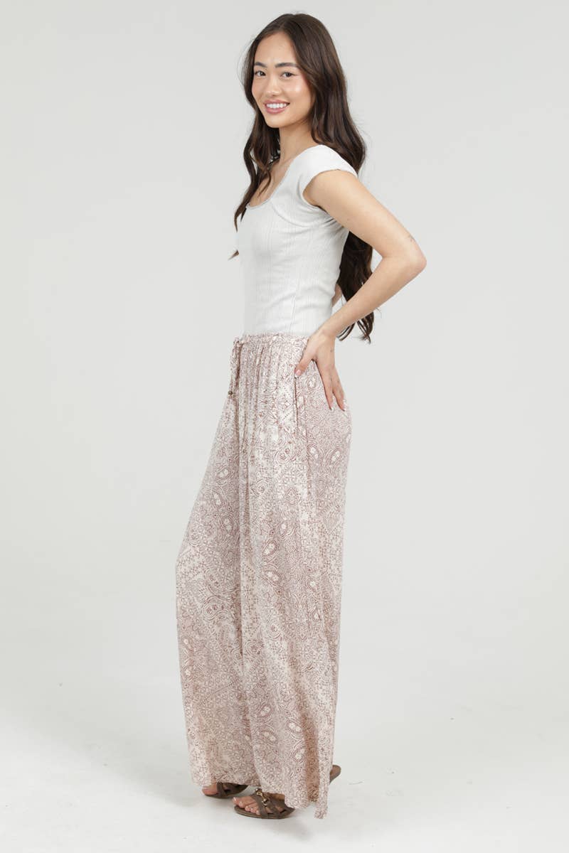 PRINTED WIDE LEG PANTS WITH ELASTIC DRAWSTRING WA