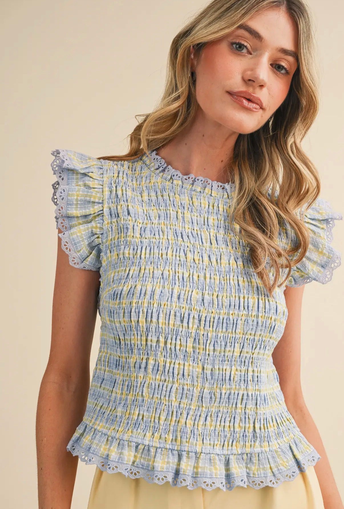 Plaid Smocked Ruffle Top