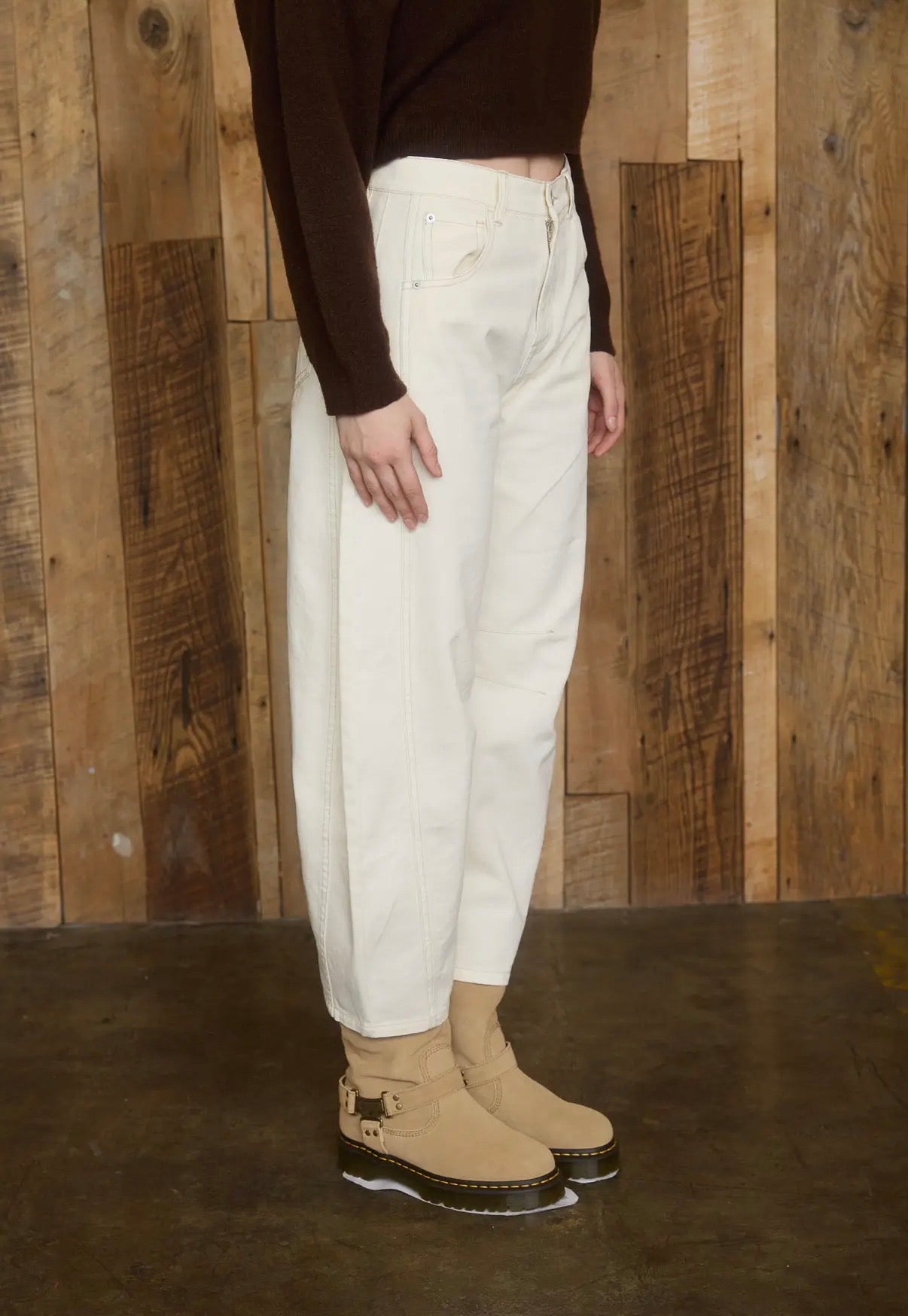 Cream Cropped Barrel Jeans