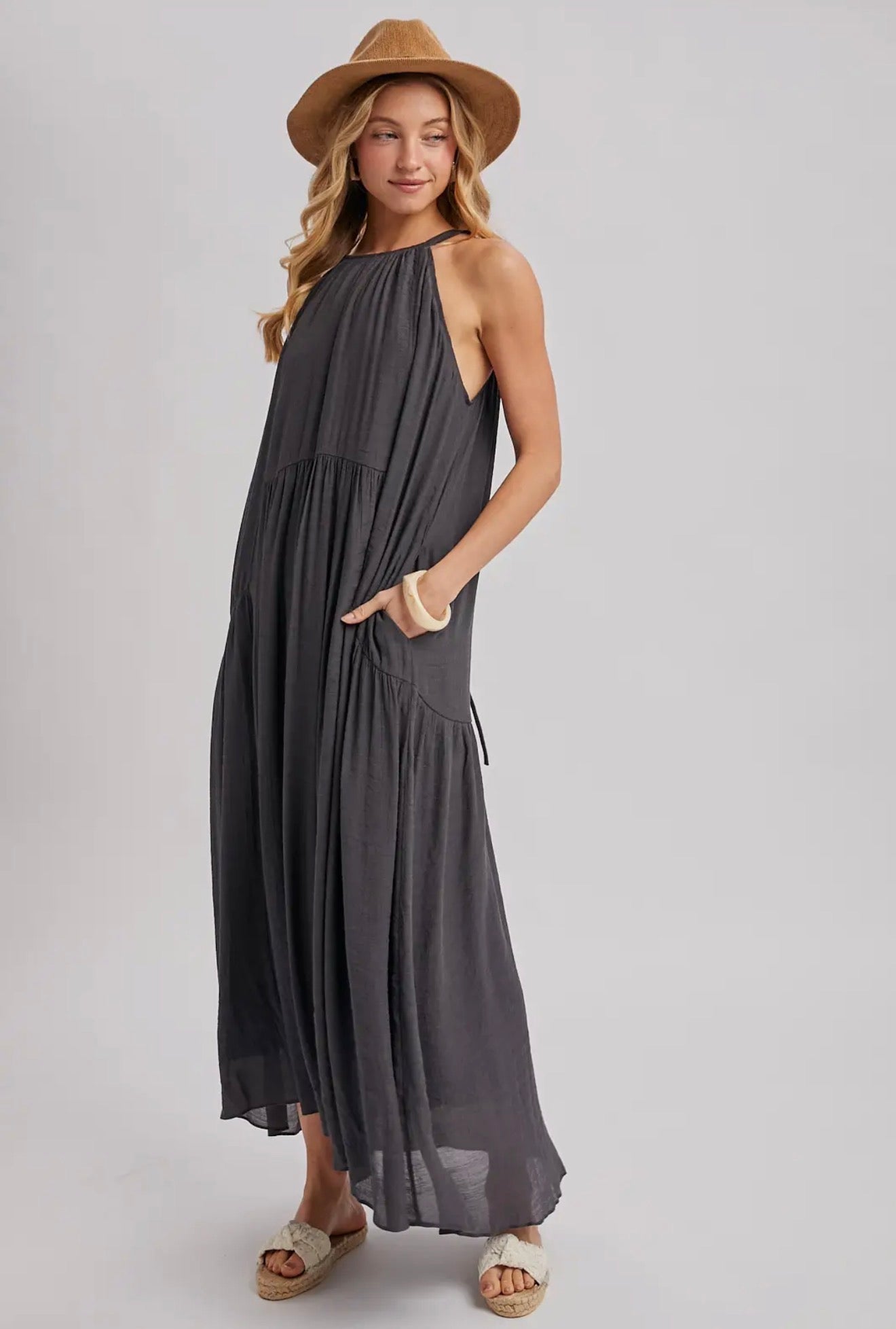 Gathered Halter Charcoal Maxi Dress
