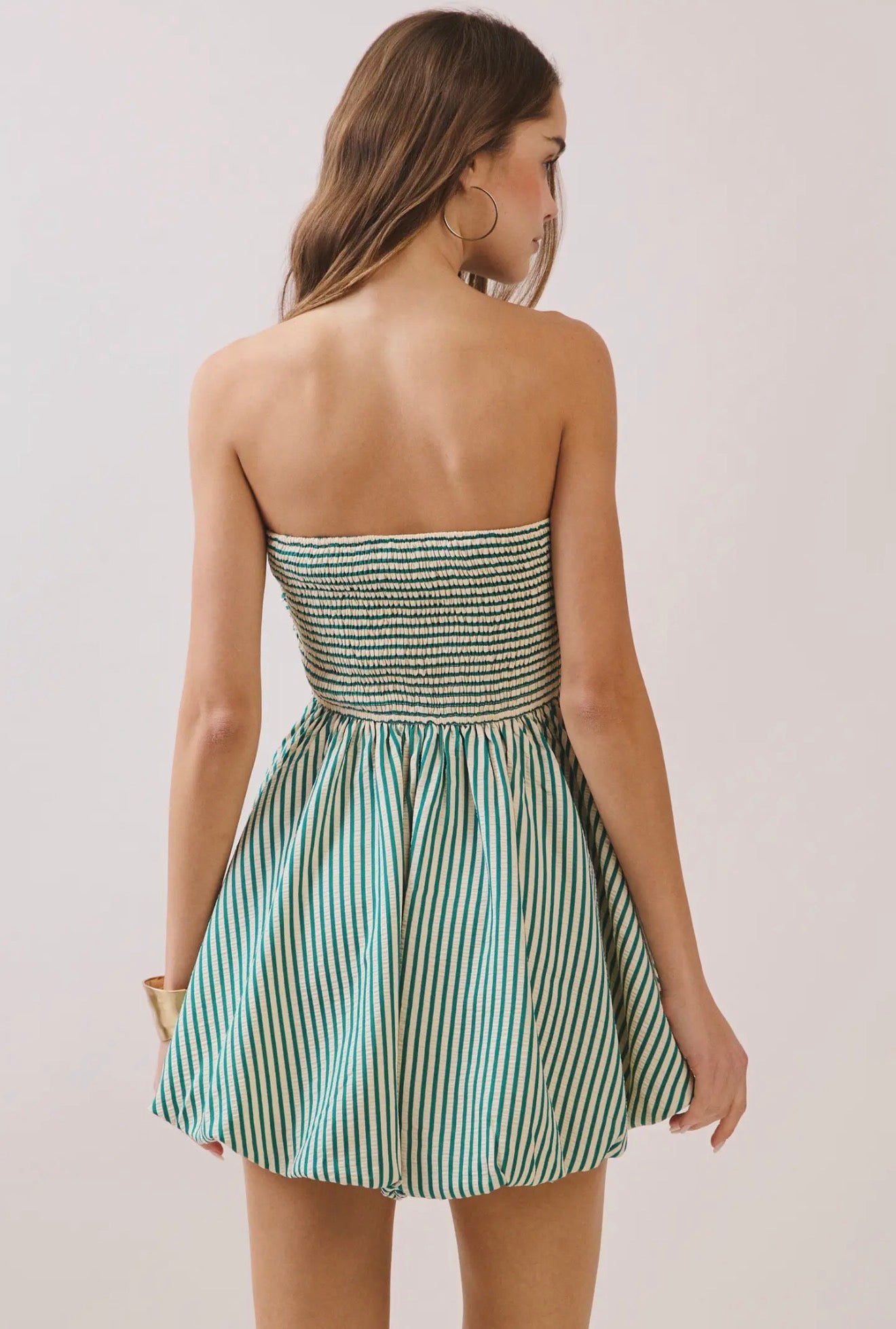 Green Striped Strapless Mini Dress