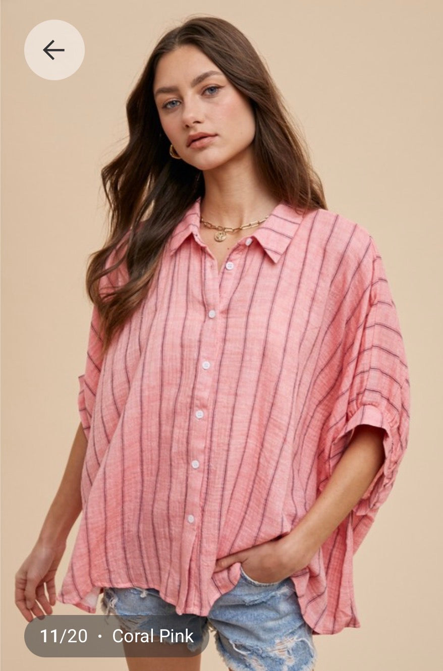 Drop Shoulder Stripe Button Up Top