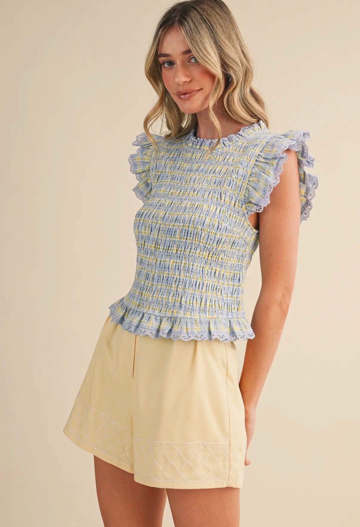 Plaid Smocked Ruffle Top