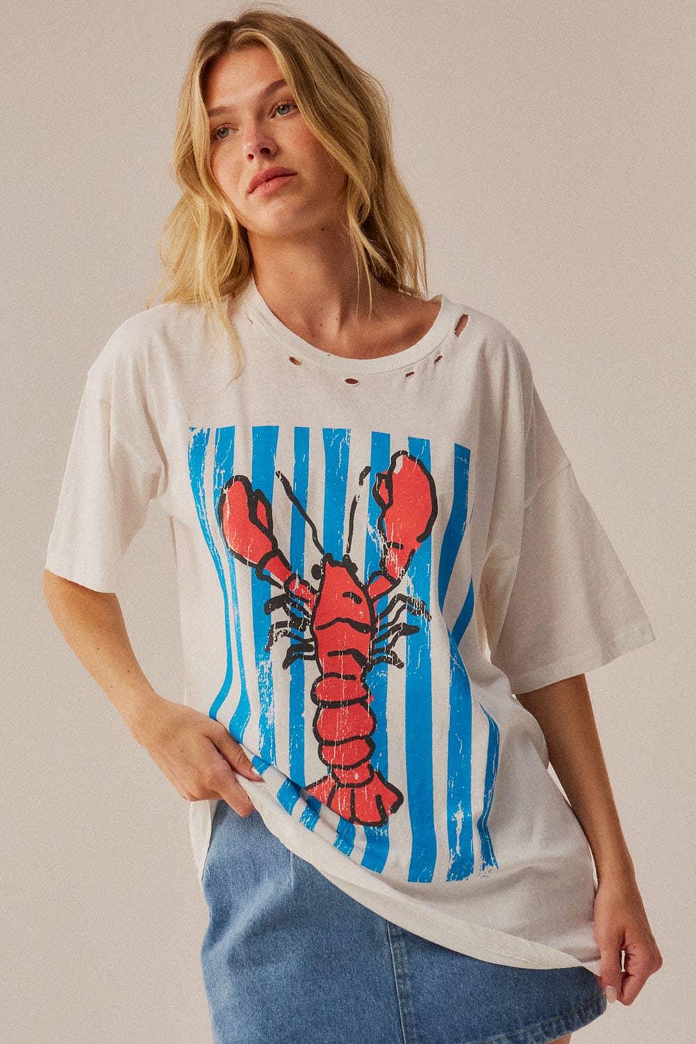 Lobster Garment-Wash Distressed Oversize Graphic Tee