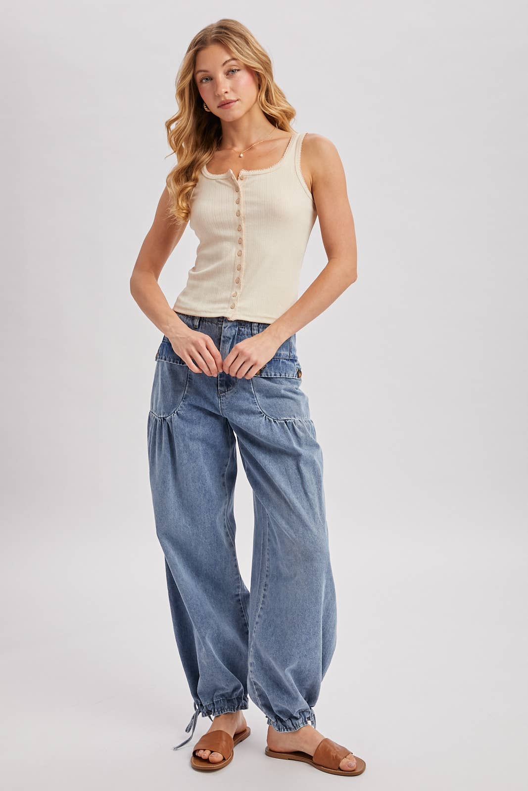 DENIM ANKLE DRAWSTRING BALLOON JEANS