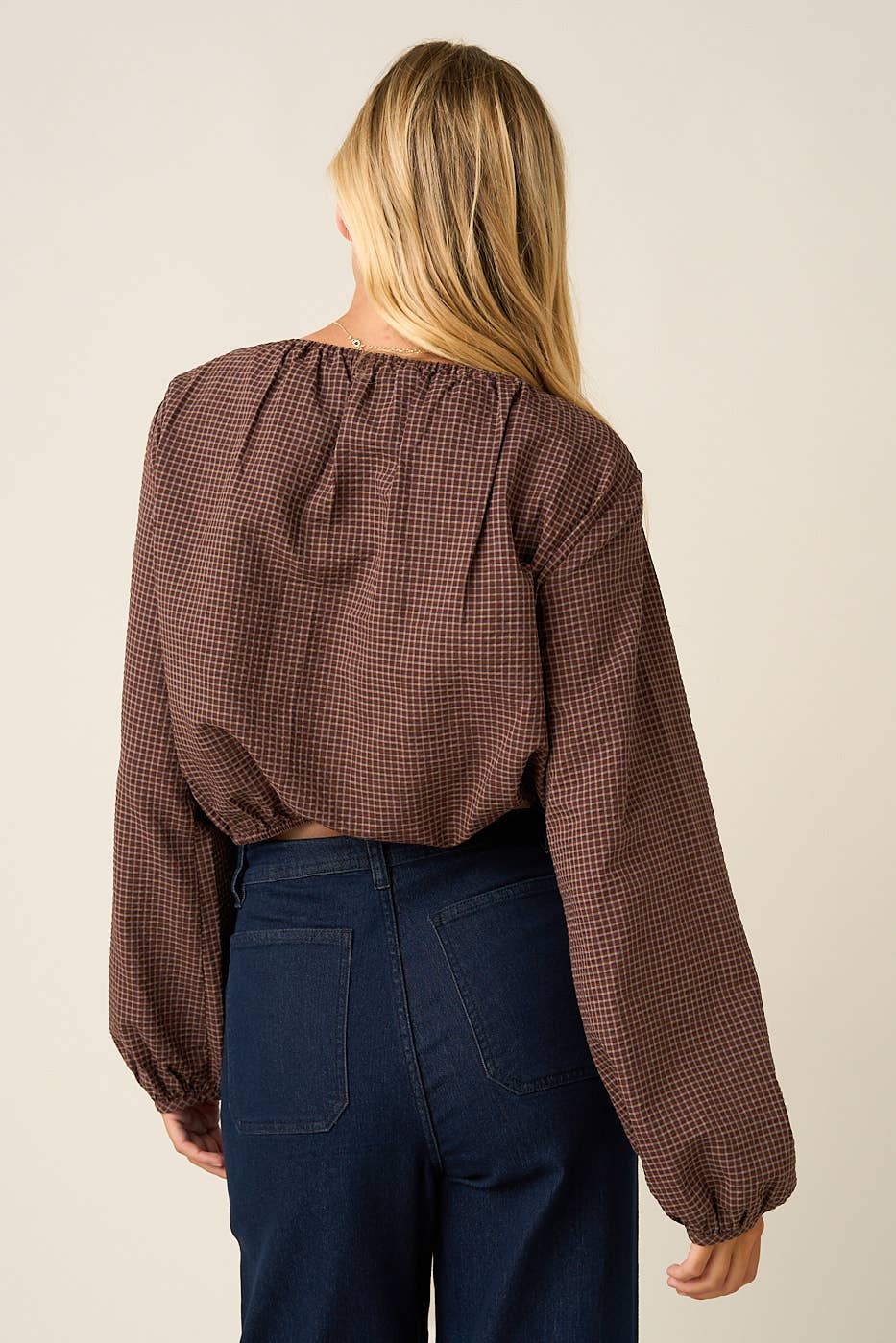 CHECKERED RUFFLE TRIM TIE FRONT TOP