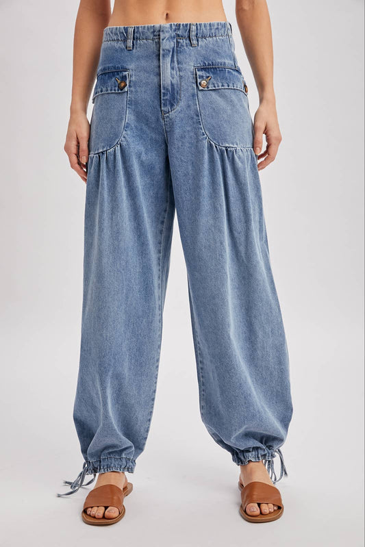 DENIM ANKLE DRAWSTRING BALLOON JEANS