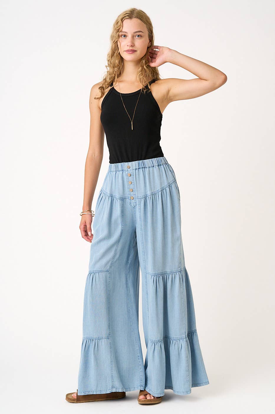 WASHED CHAMBRAY TIERED WIDE LEG BUTTON FRONT PANTS