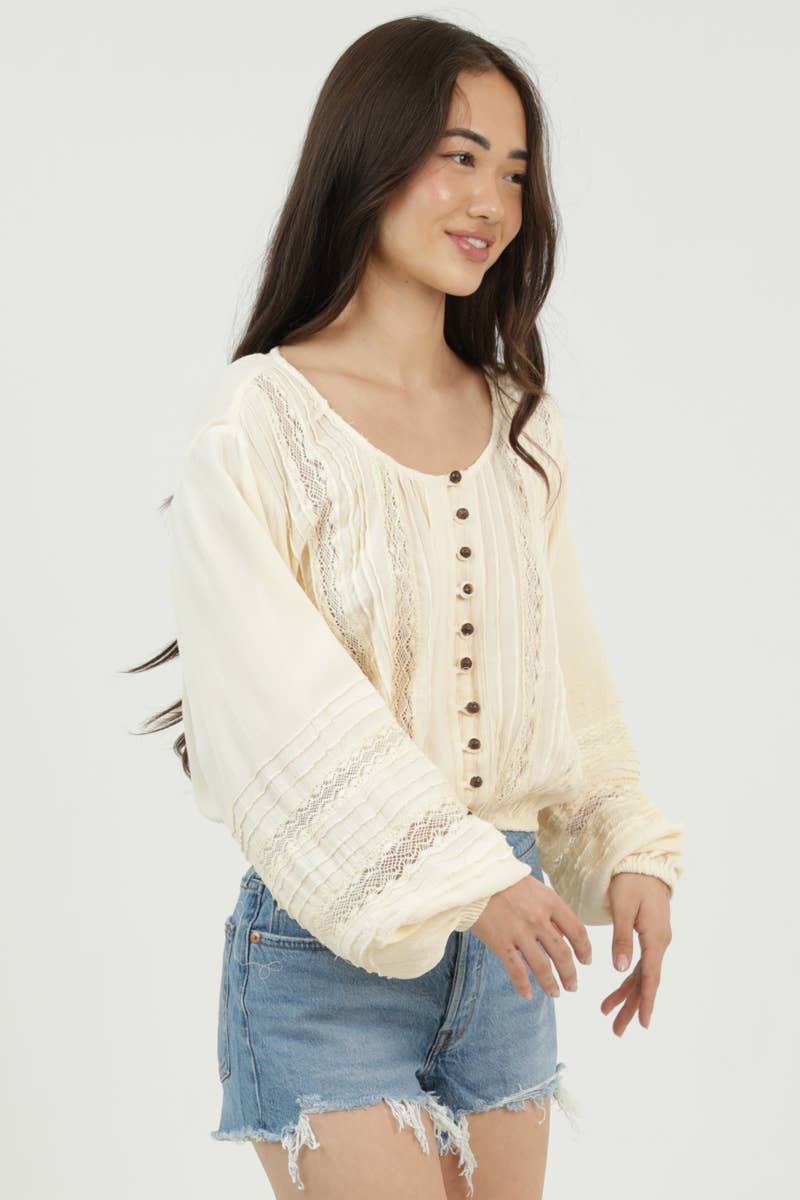 LACE TRIMS BUTTON FRONT LONG SLEEVE BLOUSE