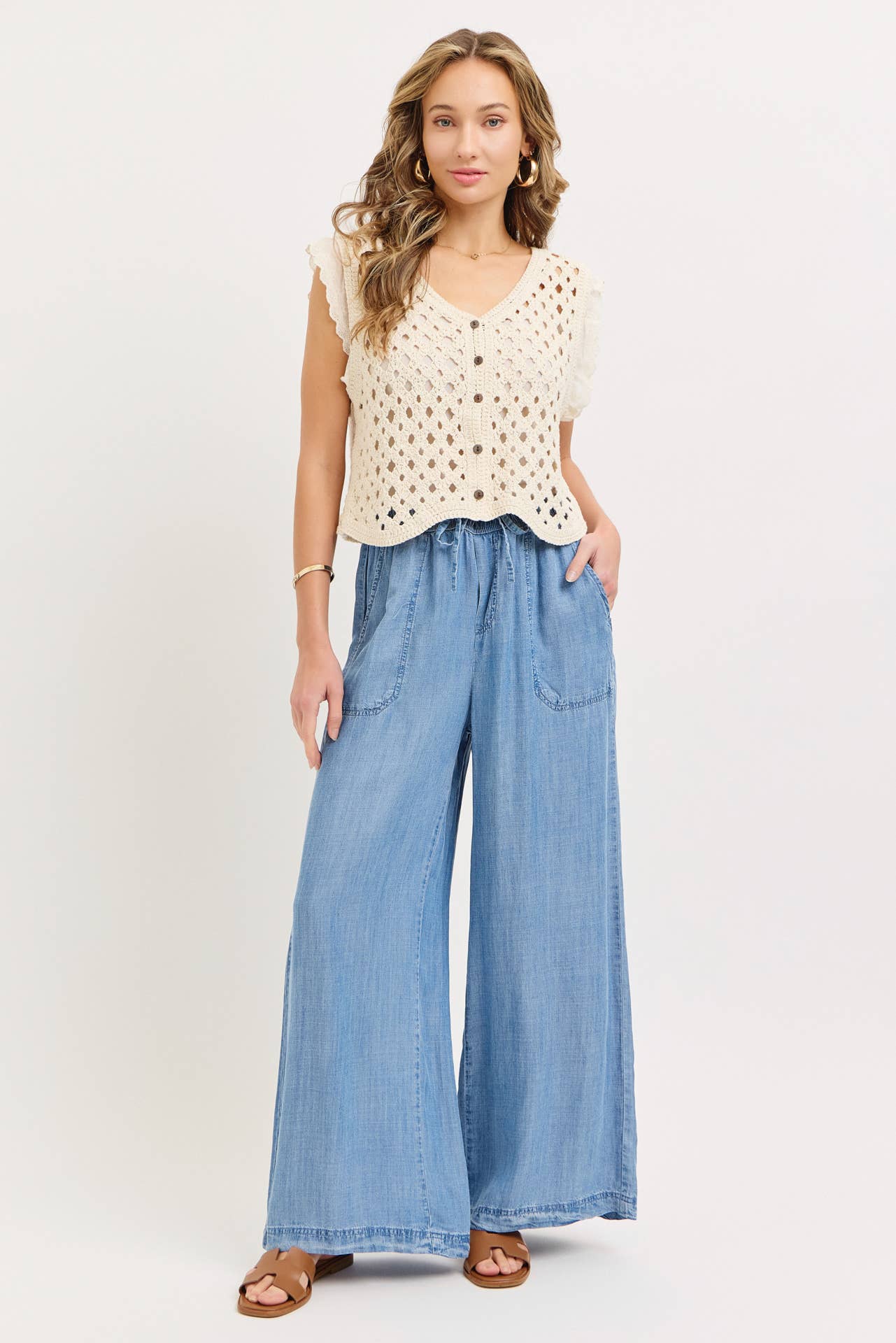 ELASTIC WAIST PULL ON WIDE-LEG  PALAZZO TENCEL CASUAL PANTS