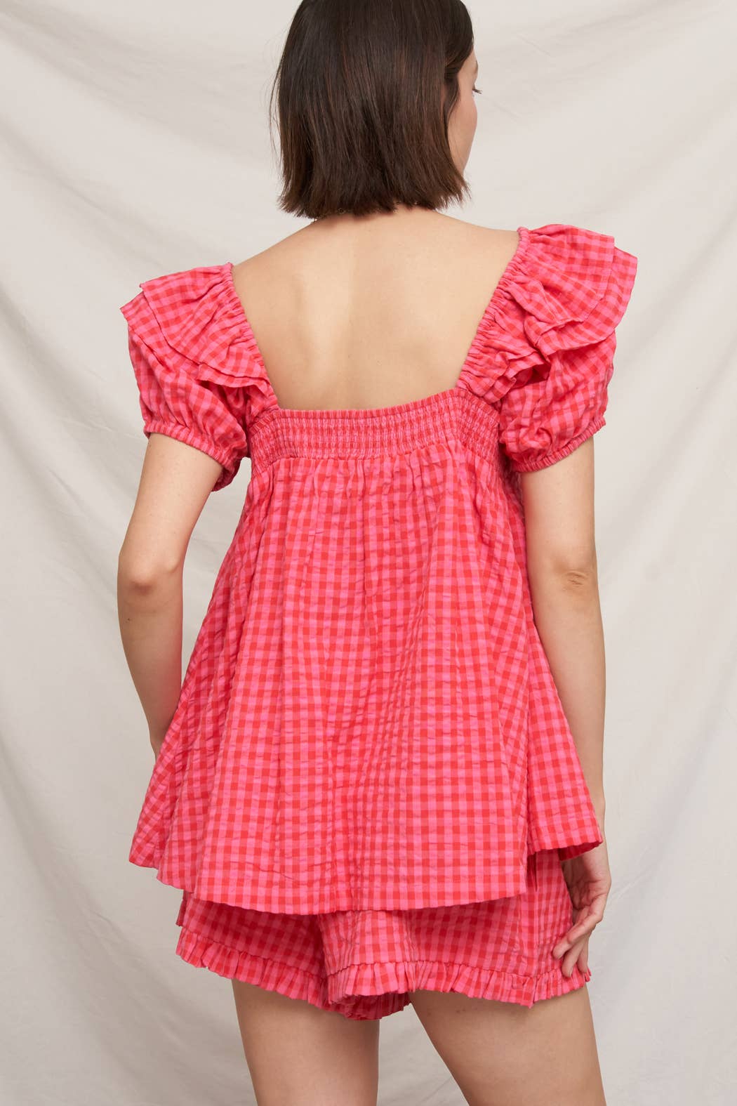 Ruffle Sleeve Square Neck Plaid Top