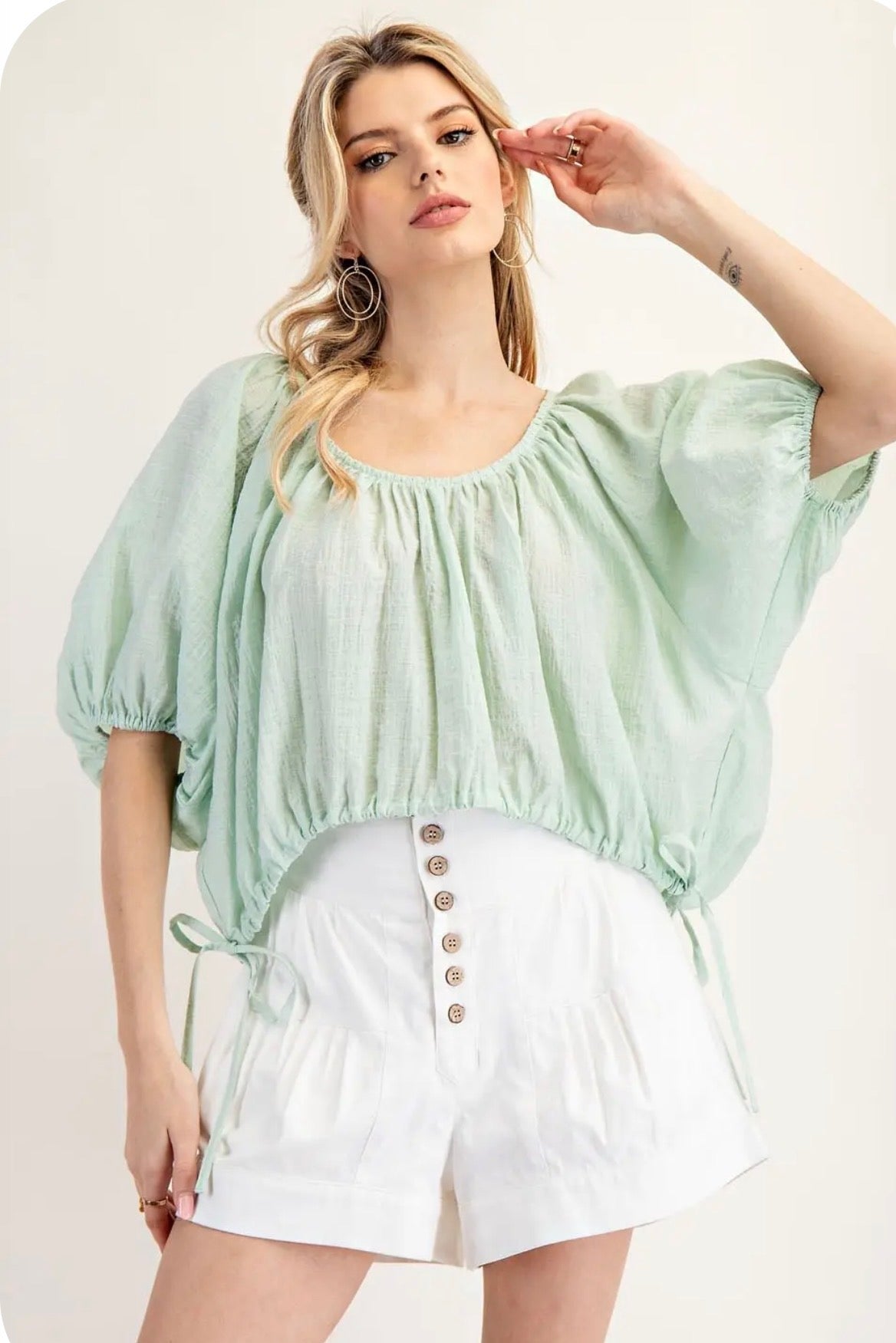 Mint Puff Sleeve Scoop Neck Blouse