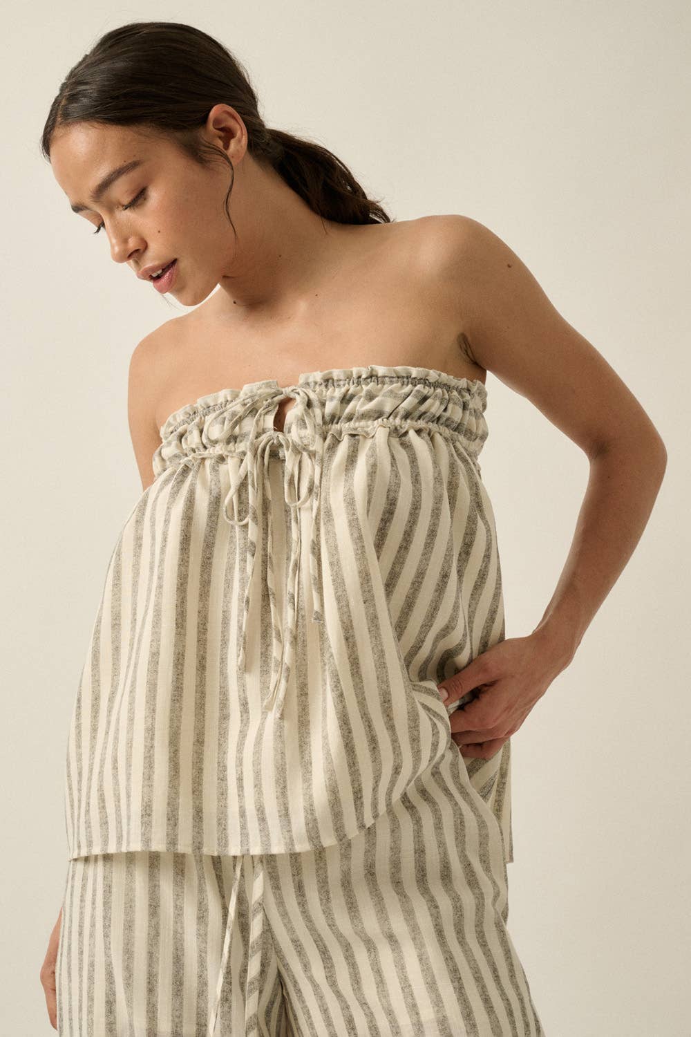 Striped Woven Strapless Drawstring Tunic Top