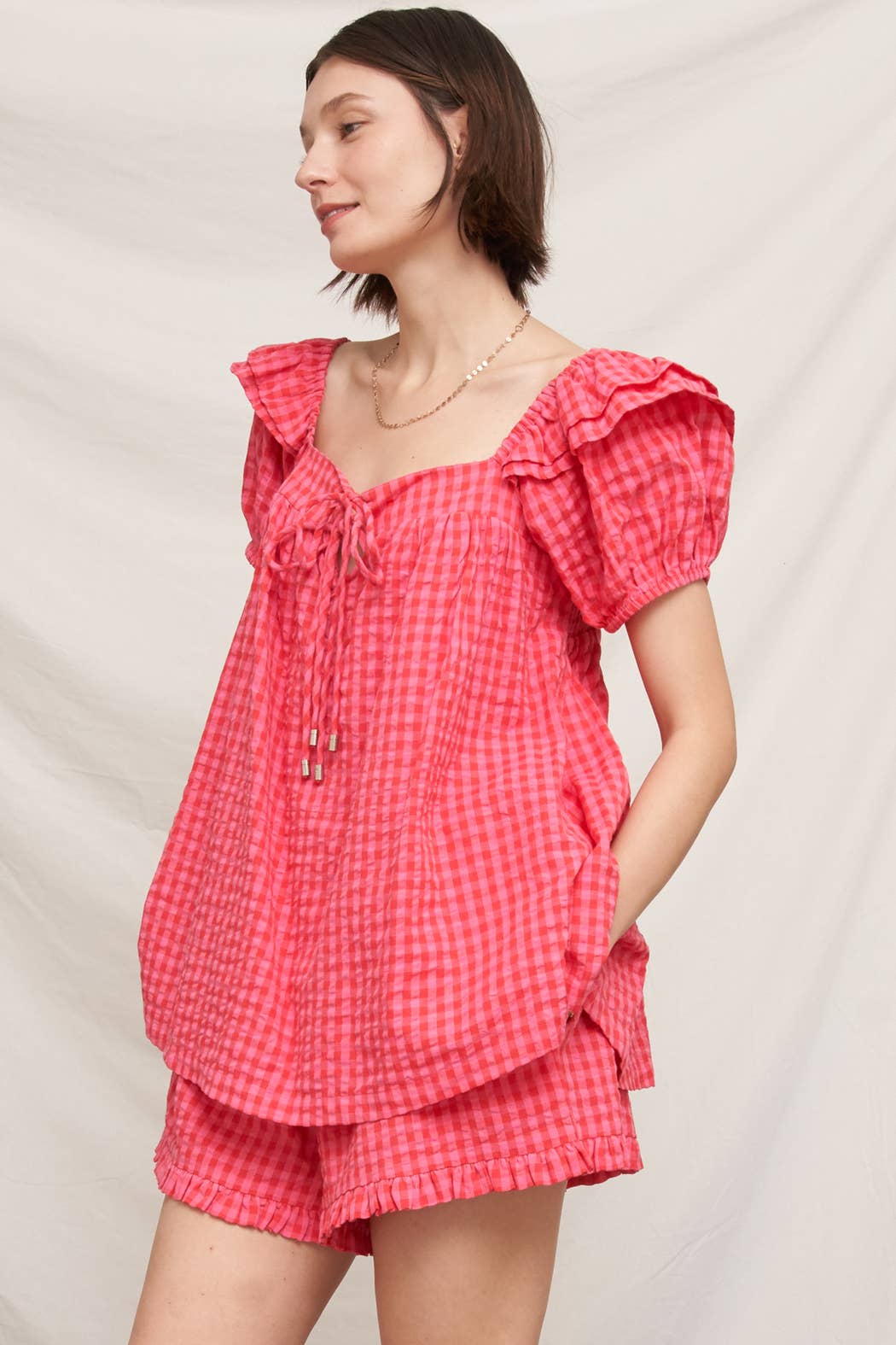 Ruffle Sleeve Square Neck Plaid Top
