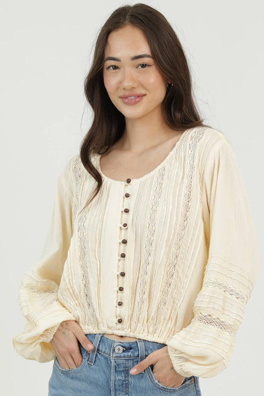 LACE TRIMS BUTTON FRONT LONG SLEEVE BLOUSE