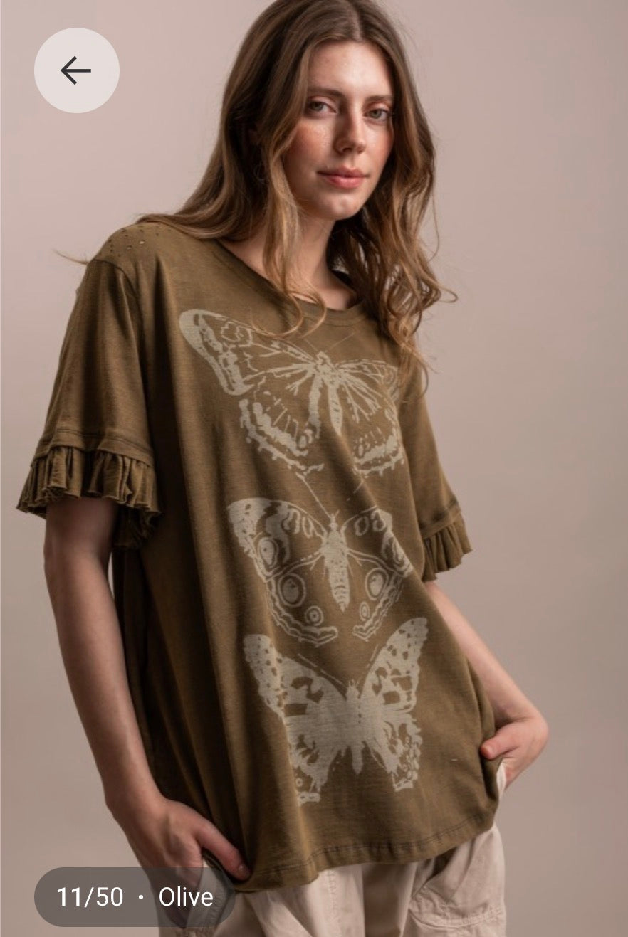 Butterfly Ruffle Sleeve T Shirt