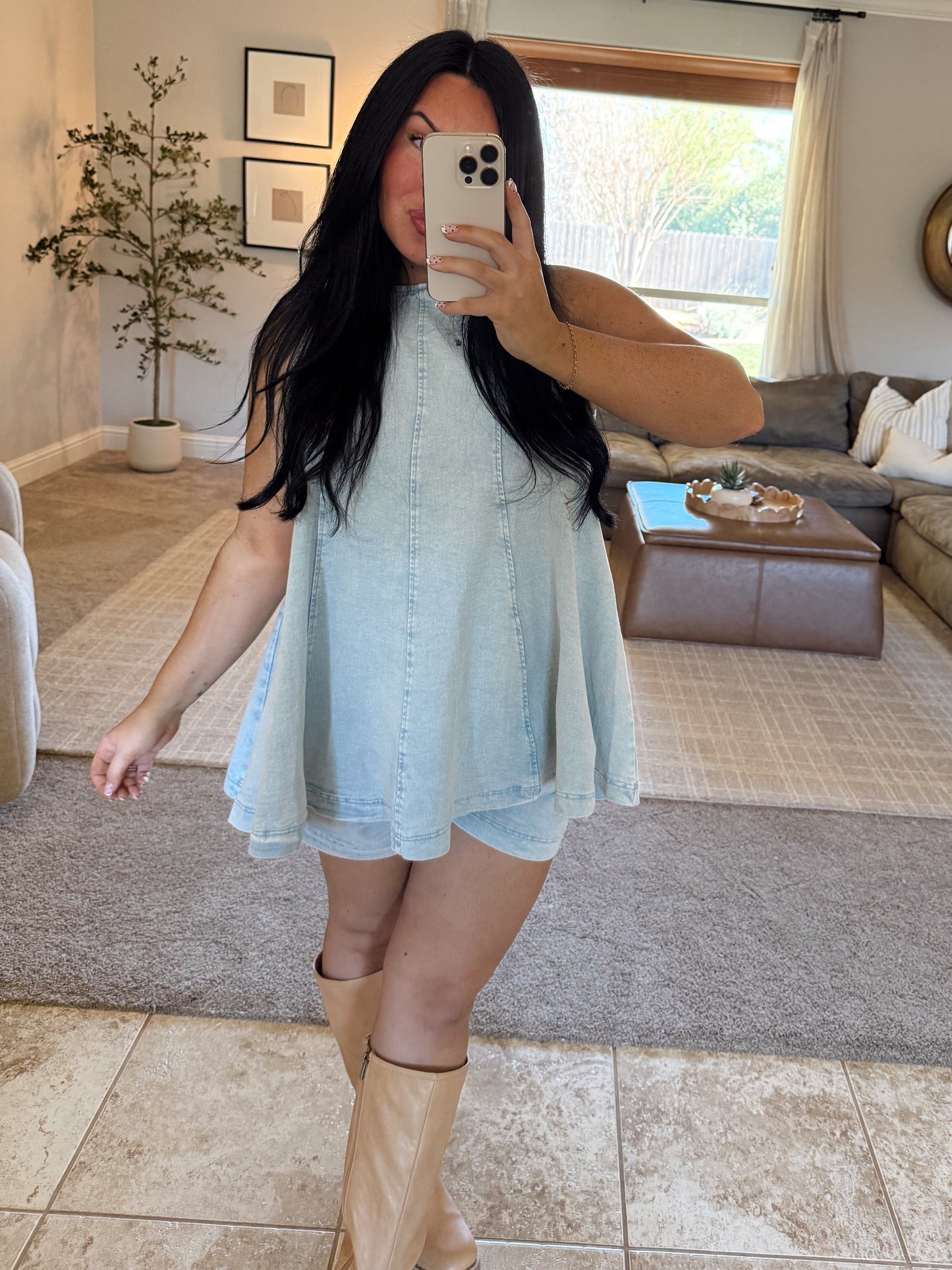 Denim Top & Shorts Set