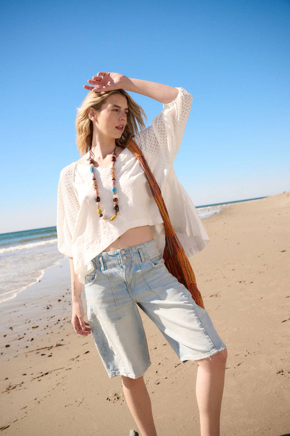 Oversized Crochet Raglan-Sleeve Cotton Knit Top