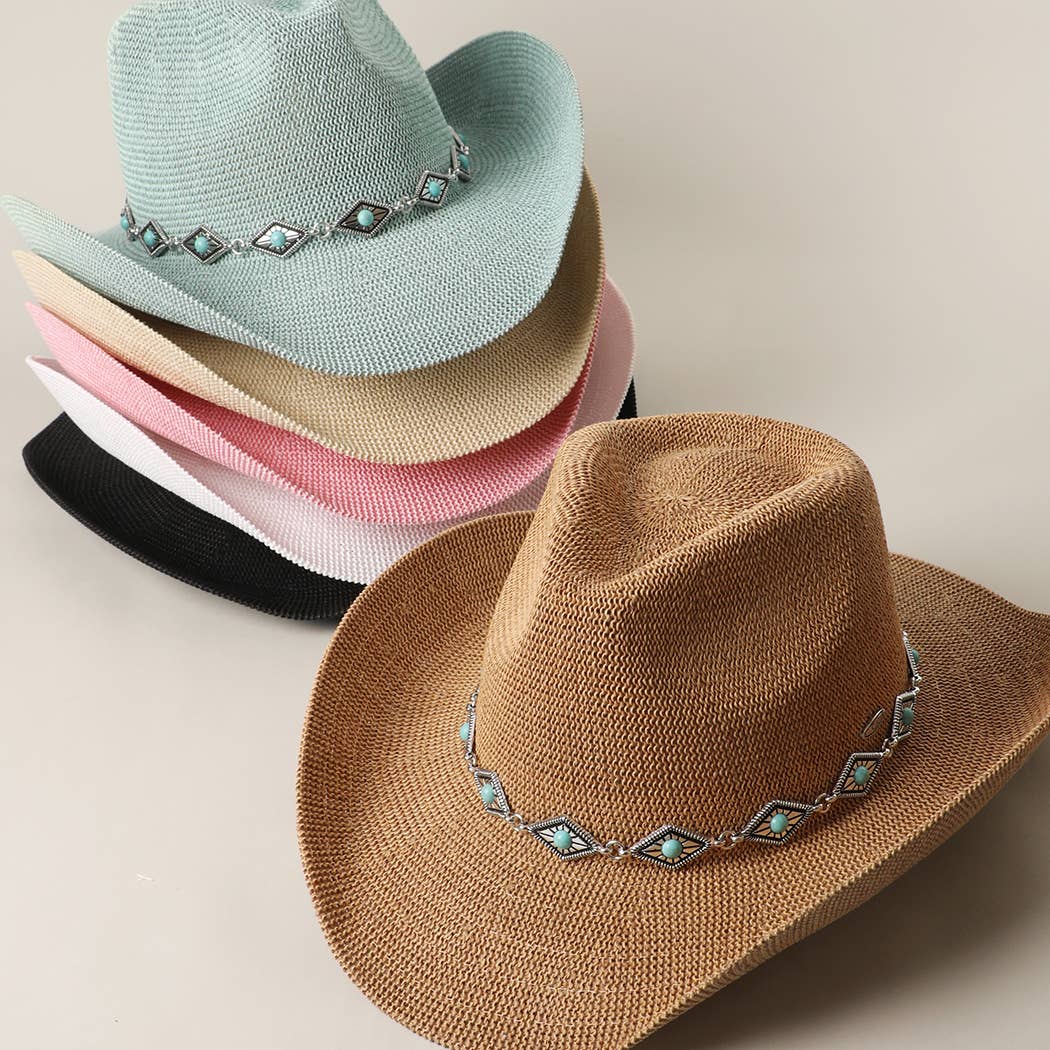 Cowboy Straw Hat With Turquoise Metal Band