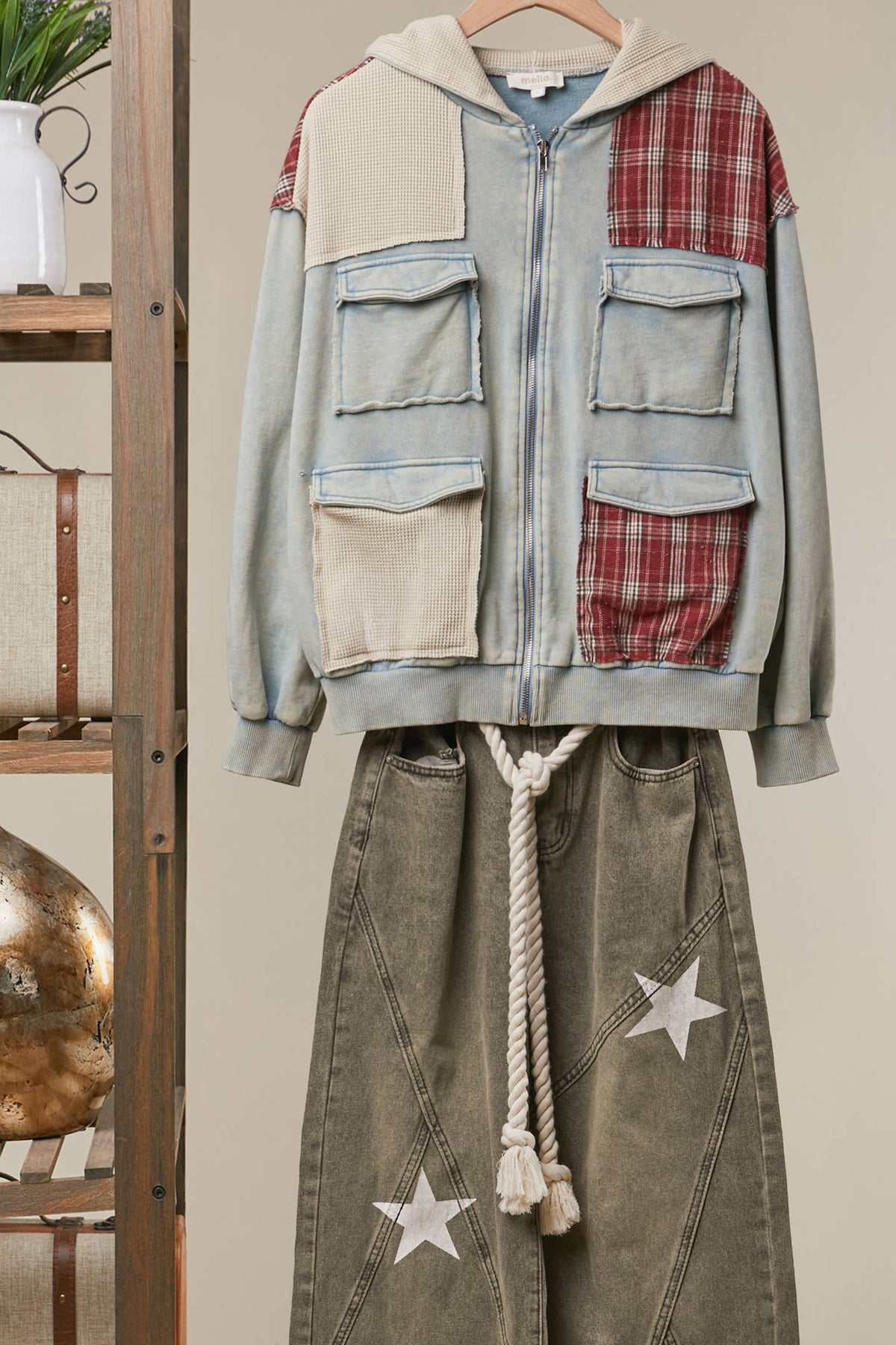 Washed Blue Plaid Patch Hoodie