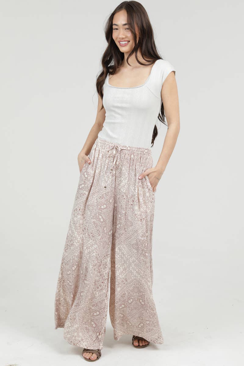 PRINTED WIDE LEG PANTS WITH ELASTIC DRAWSTRING WA