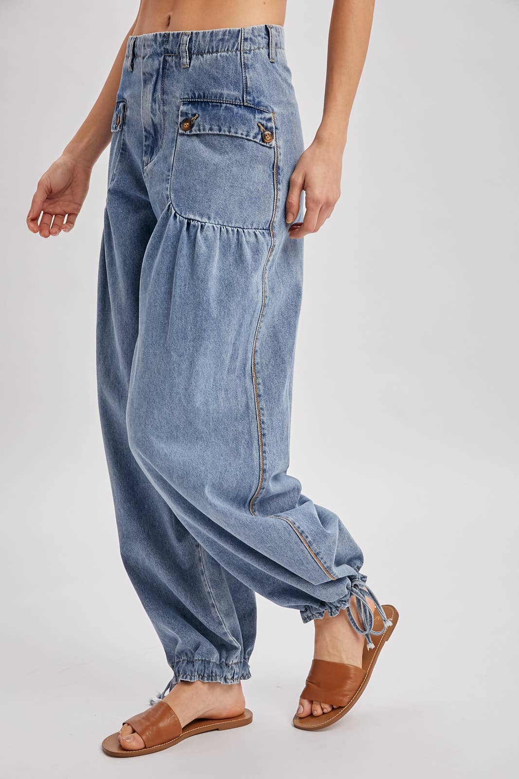 DENIM ANKLE DRAWSTRING BALLOON JEANS