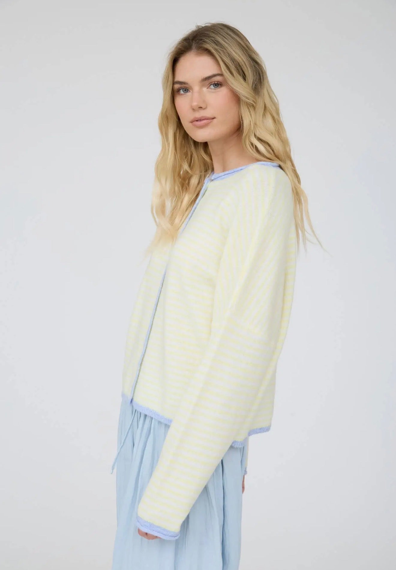 Striped Raw Edge Button Cardigan