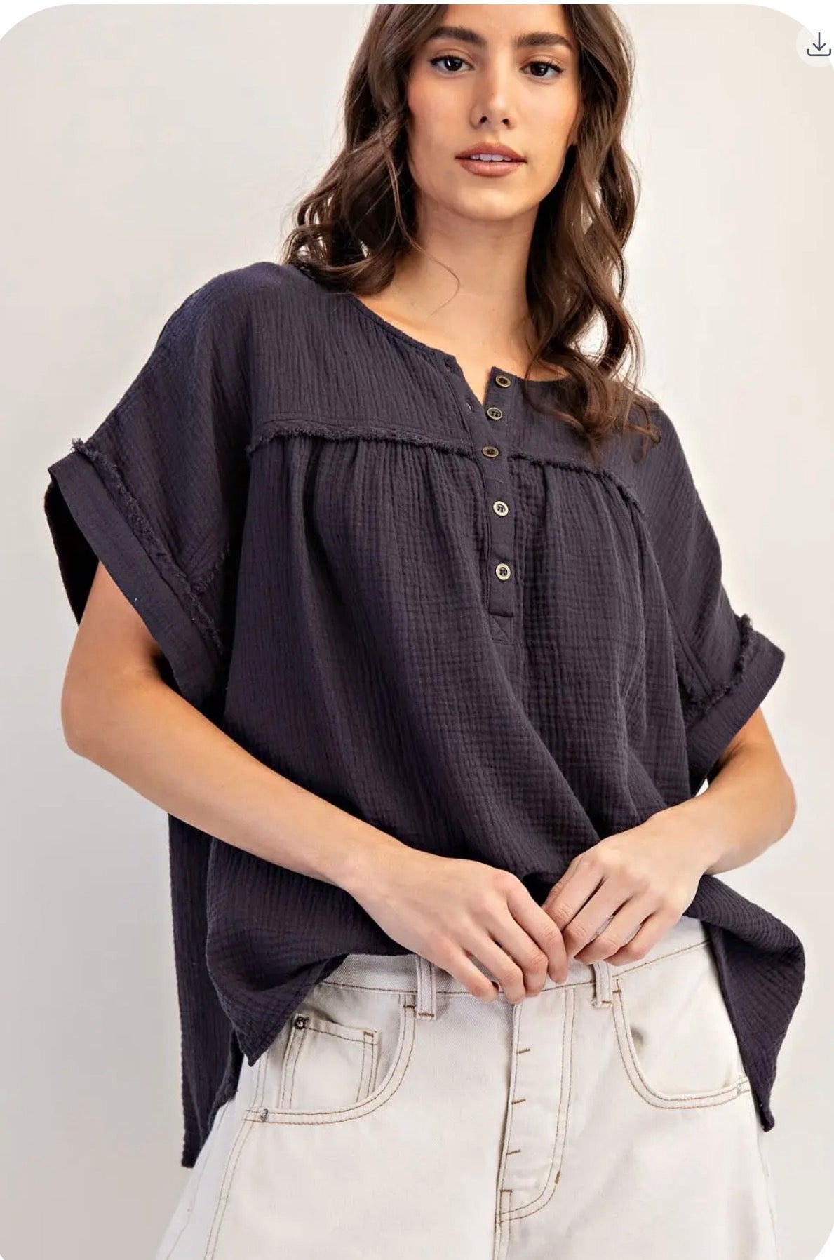Ash Black Cotton Gauze Button Tee Shirt