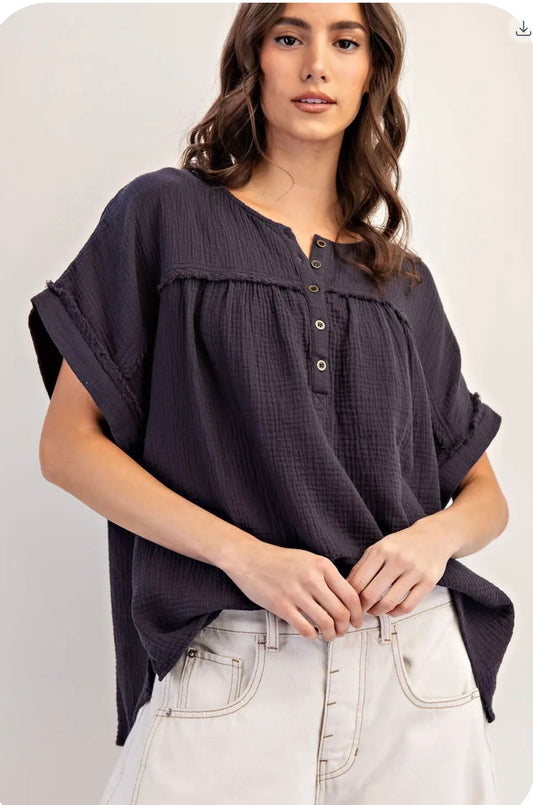 Ash Black Cotton Gauze Button Tee Shirt