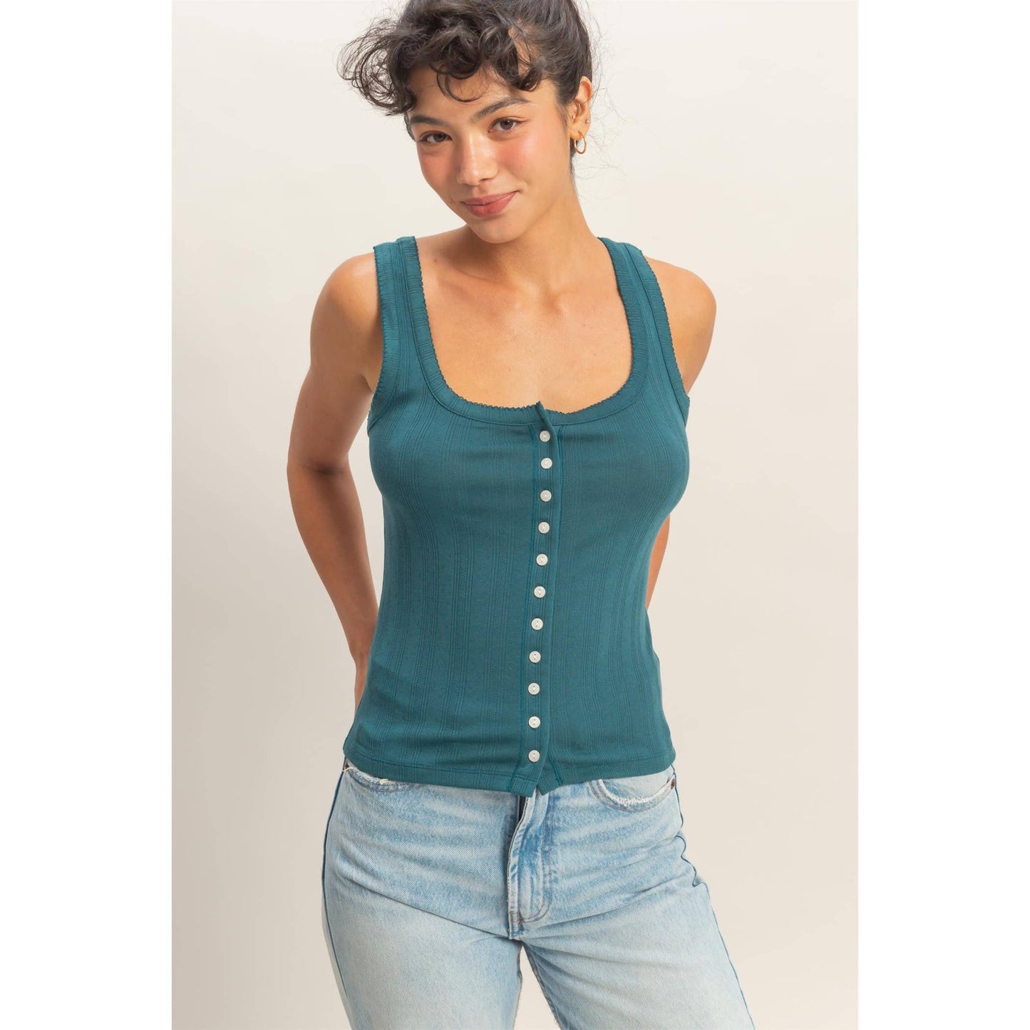 Pointelle Button Front Scoop Neck Tank Top