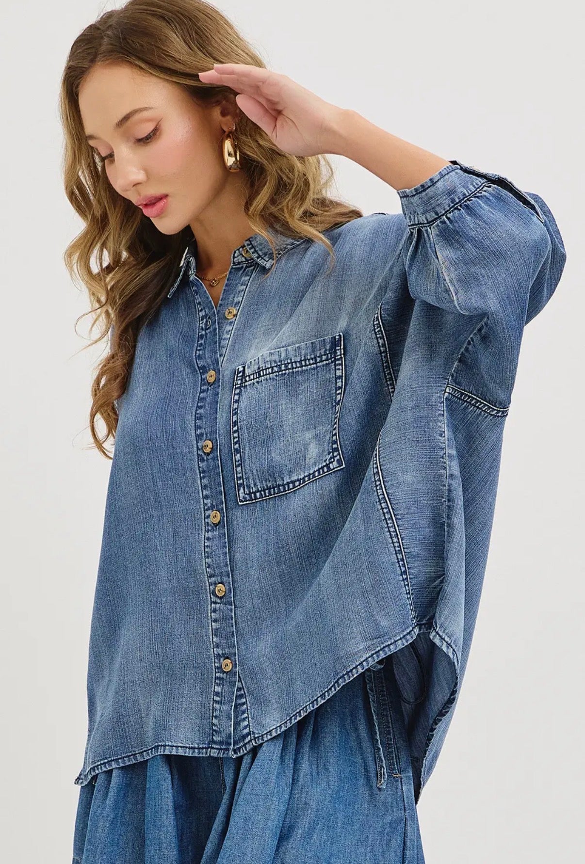 Short Sleeve Denim Button Up Top