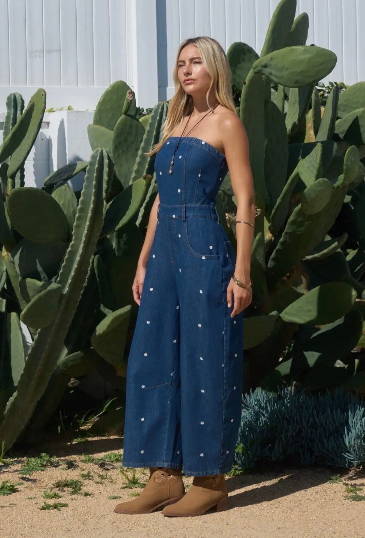 Strapless Embroidered Denim Jumpsuit
