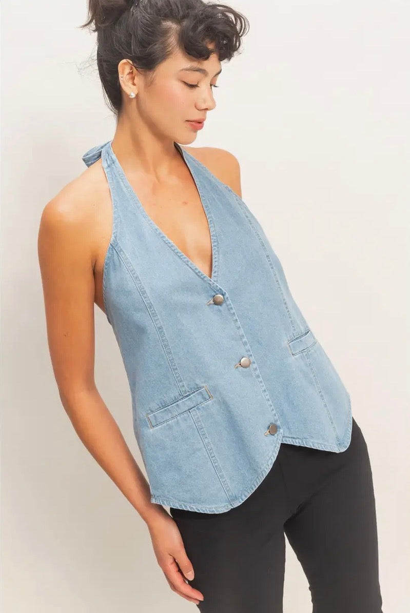 Denim Back Tie Halter Vest