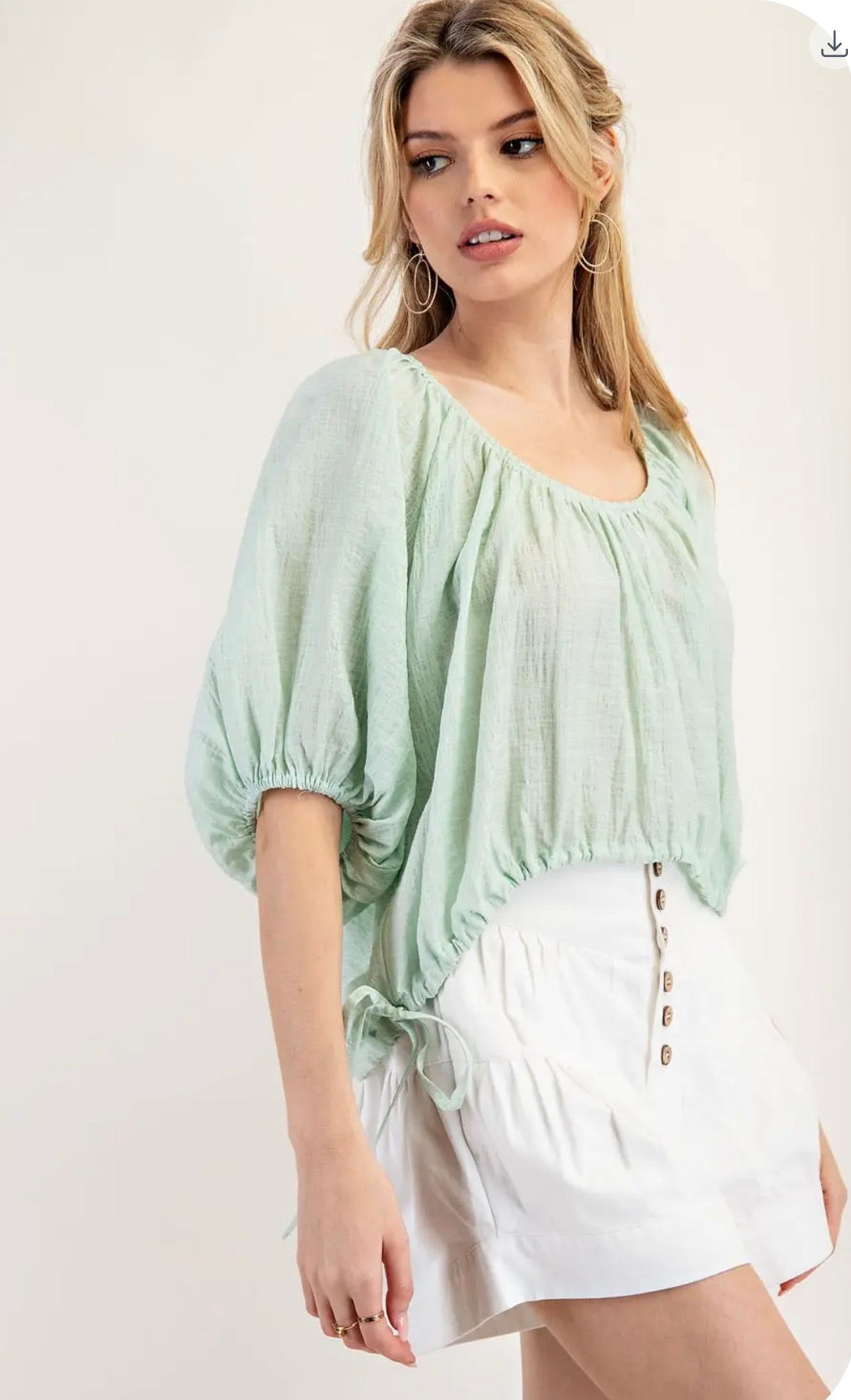 Mint Puff Sleeve Scoop Neck Blouse