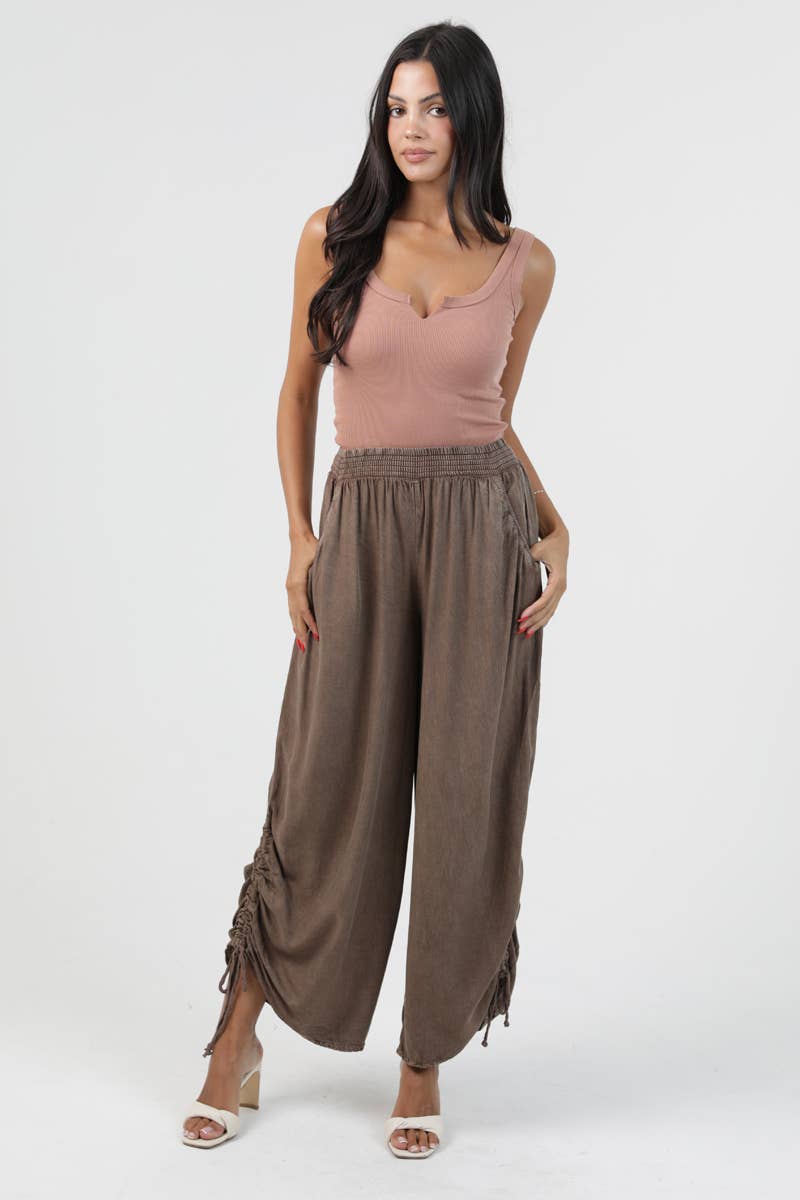 Brown CINCHED SIDE LEG WIDE PANT