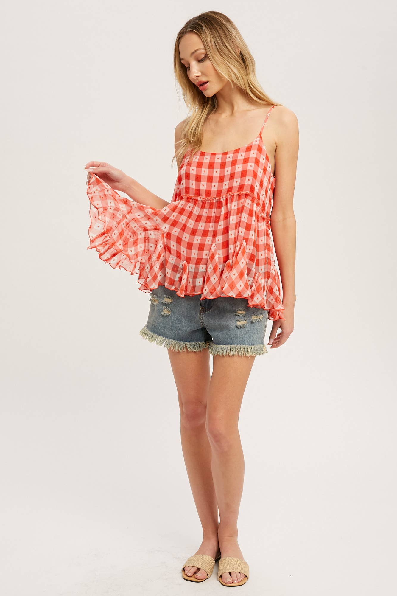 CHECKERED CHIFFON RUFFLE HEM CAMI
