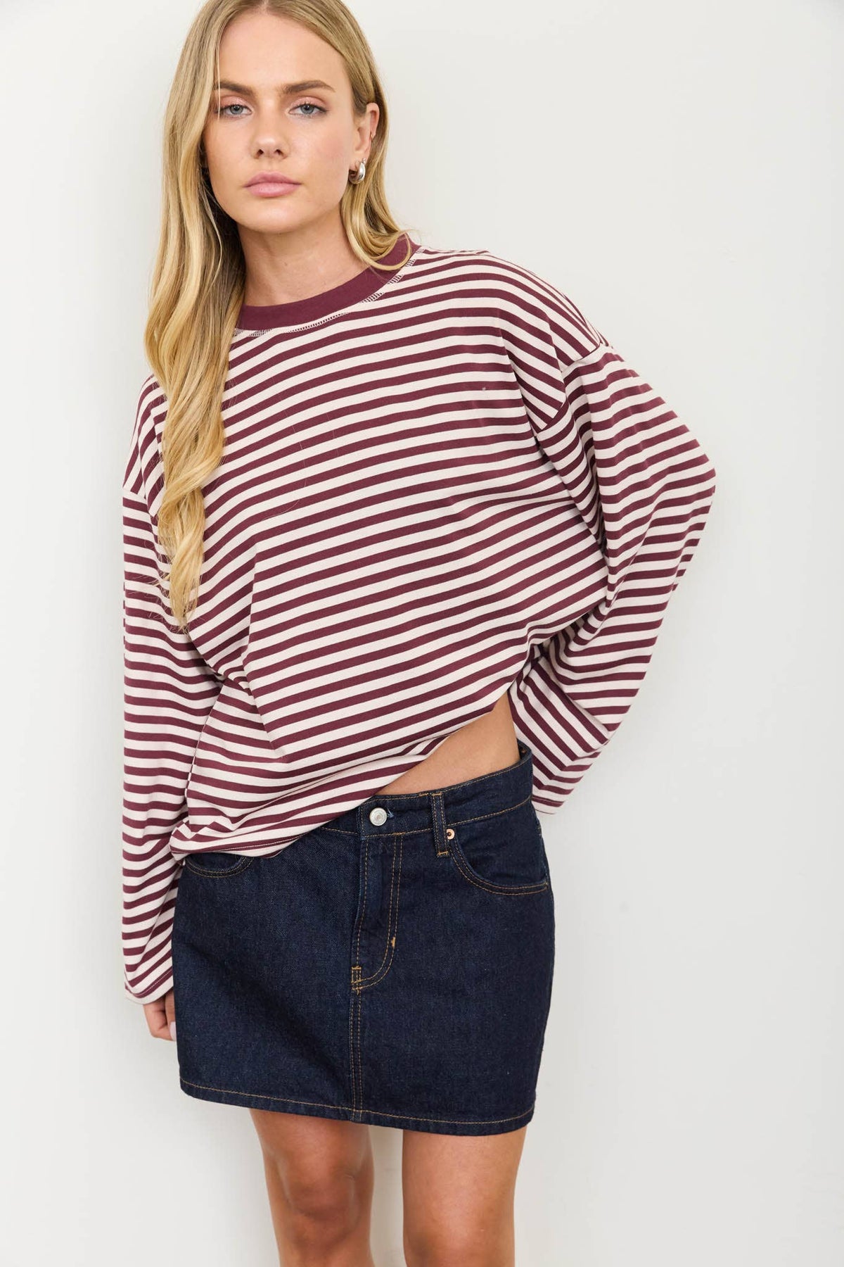 STRIPED CONTRAST CREW NECK LONG SLEEVE KNIT TOP