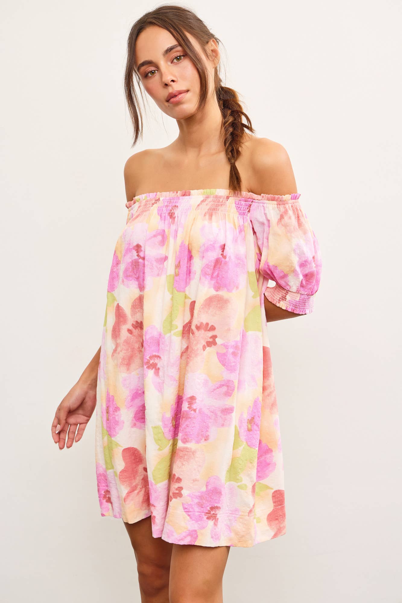 Abstract Bloom Off-Shoulder Smocked Floral Dress