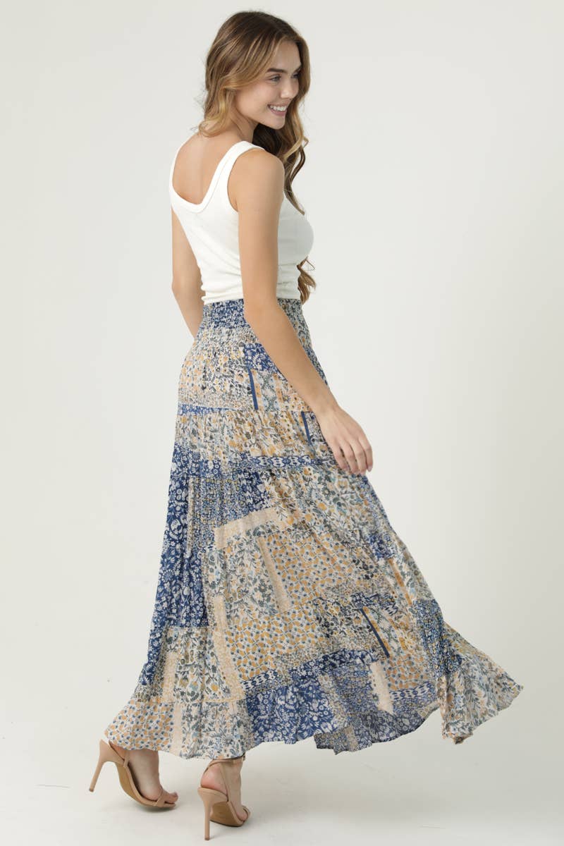 SMOCKED WAISTBAND PATCHWORK PRINT A LINE TIERED M
